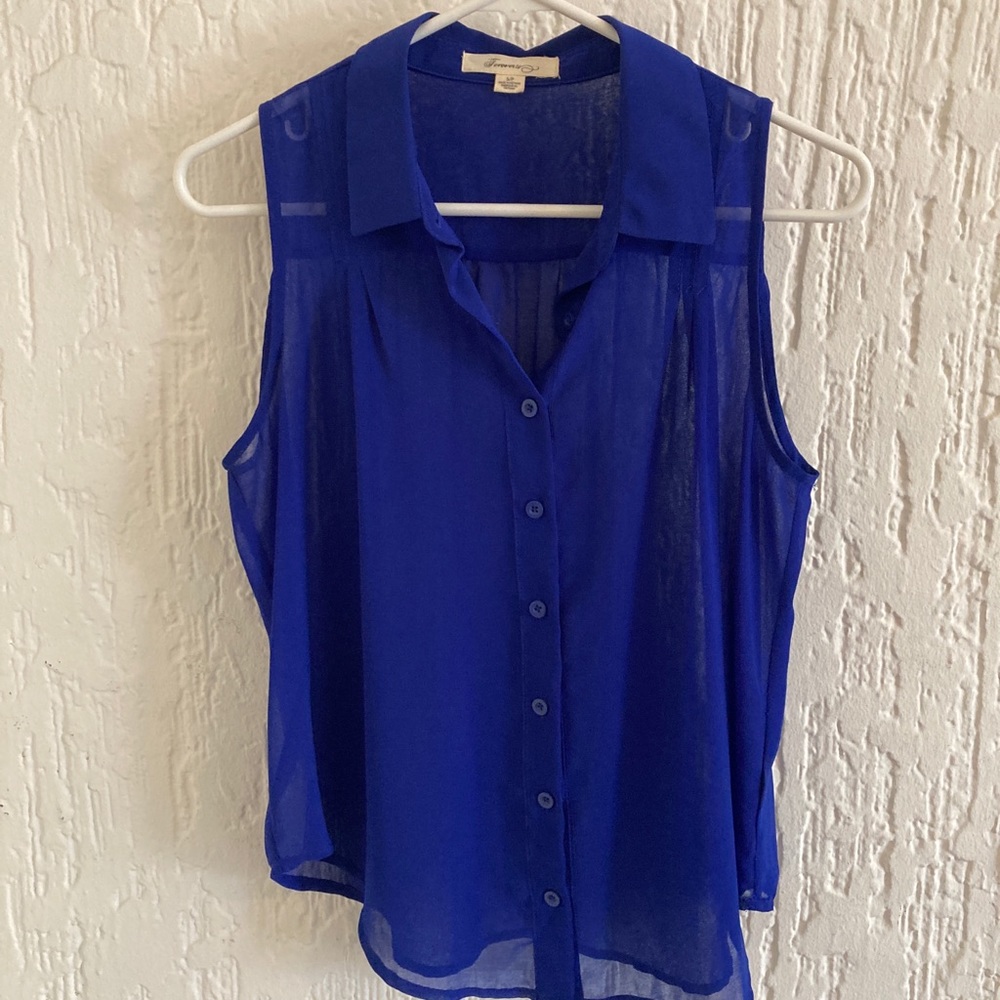 Forever 21 Blue Sleeveless Button Down Top Size Small